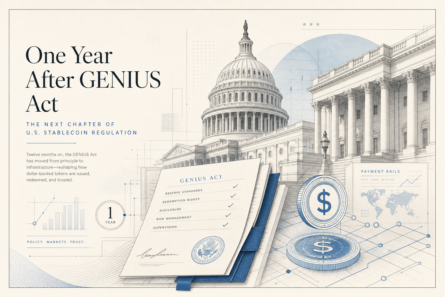 One year after the GENIUS Act, the U.S. stablecoin market is still trading ahead of the rulebook